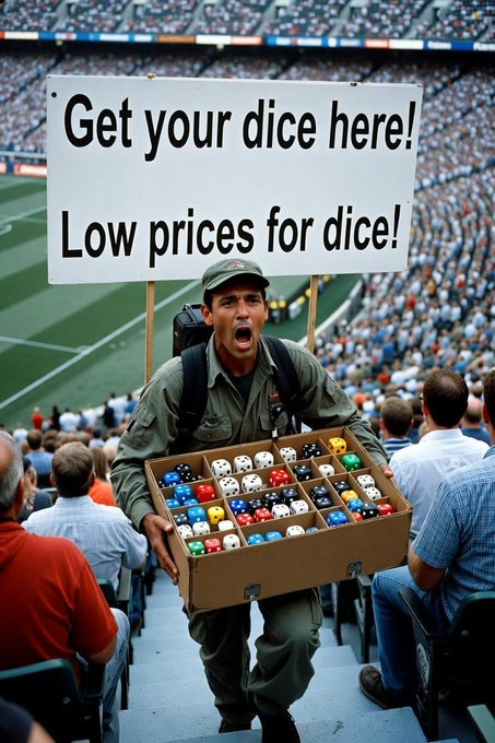 An AI-generated image of a man in military fatigues walking through stadium seats holding a tray of various dice, with a sign reading "Get your dice here! Low prices for dice!"