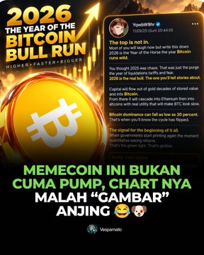 A promotional graphic for cryptocurrency features a large gold Bitcoin coin and text reading '2026 THE YEAR OF THE BITCOIN BULL RUN'. It includes a screenshot of an article titled 'The top is not in' by YieldWhy, and Indonesian text at the bottom stating 'MEMECOIN INI BUKAN CUMA PUMP, CHART NYA MALAH "GAMBAR" ANJING'.