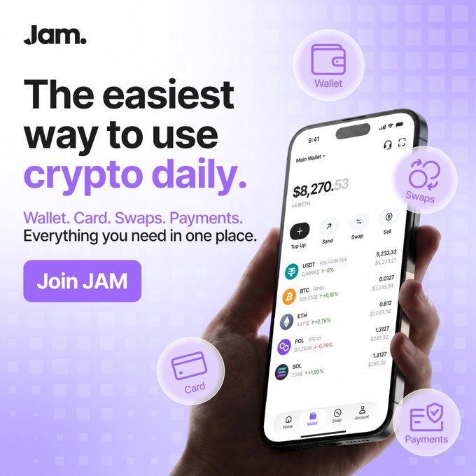 A promotional graphic for 'Jam.', a crypto app, with the tagline 'The easiest way to use crypto daily.' featuring a smartphone displaying a wallet with $8,270.53 and floating icons for Wallet, Card, Swaps, and Payments.
