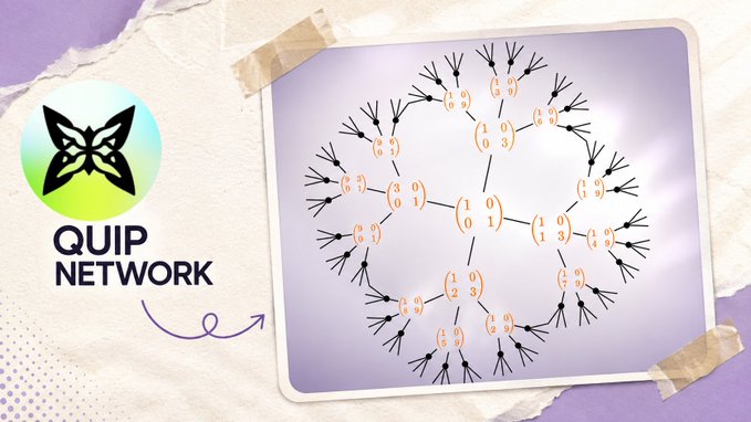 A promotional visual for Quip Network showing their butterfly logo alongside a circular tree diagram with branching nodes containing values like "1 0/0 1," "0 3/1 0," and "1 9/1 9," illustrating the direct peer-to-peer structure of their QuipSwap protocol that enables trustless cross-chain swaps between two parties using native assets without intermediaries.