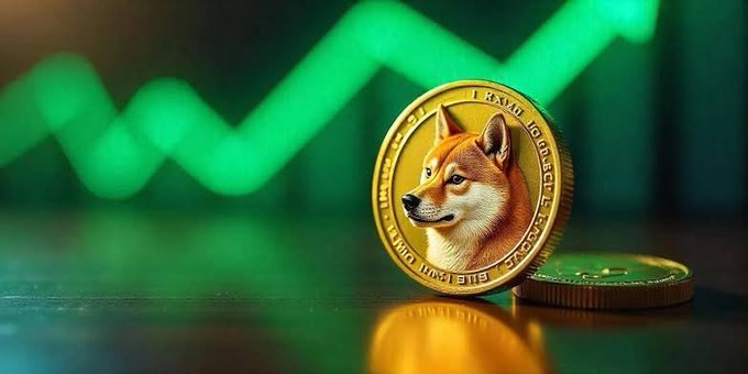 A gold Dogecoin-style coin featuring the iconic Shiba Inu dog face sits in front of a bright green upward-trending chart, visually representing the bullish surge of $SHIB toward the $0.01 price milestone referenced in the post. The rising green graph behind the coin symbolizes the dramatic price increase that would force investors to decide between selling for profit or holding for further gains.