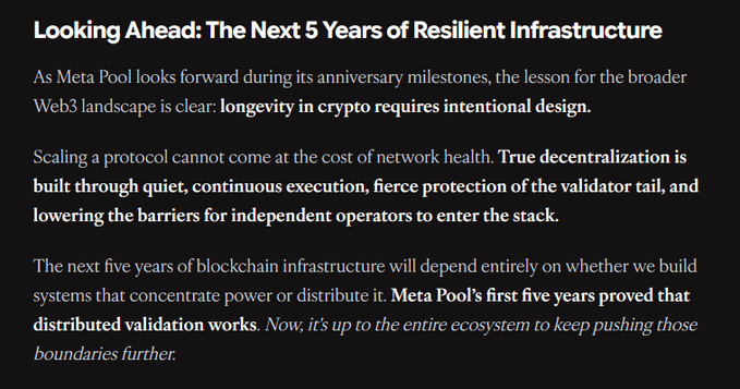 Text section titled 'Looking Ahead: The Next 5 Years of Resilient Infrastructure' discussing Meta Pool's anniversary milestones and decentralized validation in Web3.