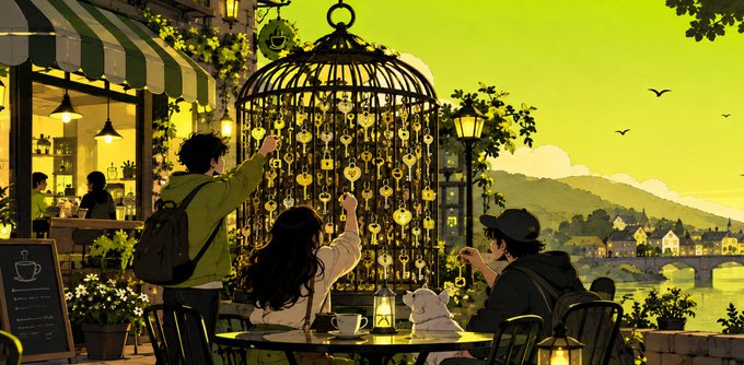 A vibrant yellow and green anime scene of a riverside café where patrons gather around a large birdcage-like structure covered in glowing padlocks, with one person pointing at it while others sit at tables enjoying coffee.