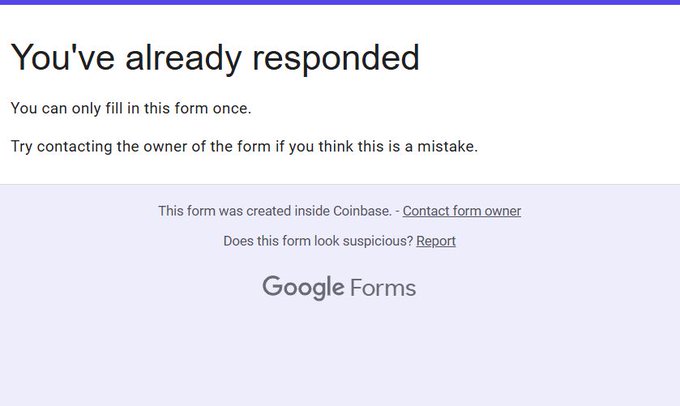 A Google Forms screenshot displays the message "You've already responded," indicating that the user has previously submitted the "base Creator Program" application form. The image suggests that since the user has already filled out the form, they can no longer apply again for the creator program offering up to $4K.