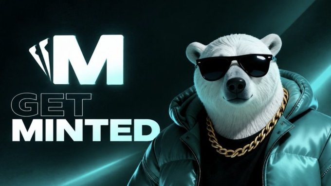 A promotional graphic with the text 'GET MINTED' next to a stylized white bear wearing sunglasses, a gold chain, and a teal puffer jacket.