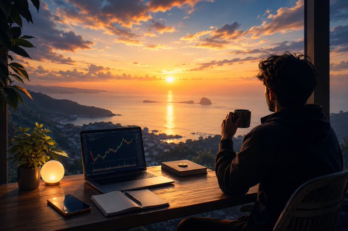 A man sitting at a desk with a laptop displaying financial charts, holding a coffee mug while overlooking a sunset over the ocean.
