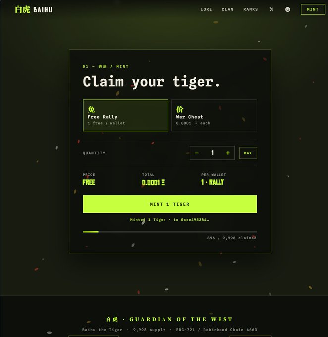 The image displays a minting page for the "Baihu the Tiger" NFT collection on the Robinhood Chain, showing a free mint option called "Free Rally" (1 free per wallet) with the message "Claim your tiger." The page indicates 506 out of 9,998 have been claimed, which directly corresponds to the post about getting a free mint from this 9,998 supply collection.