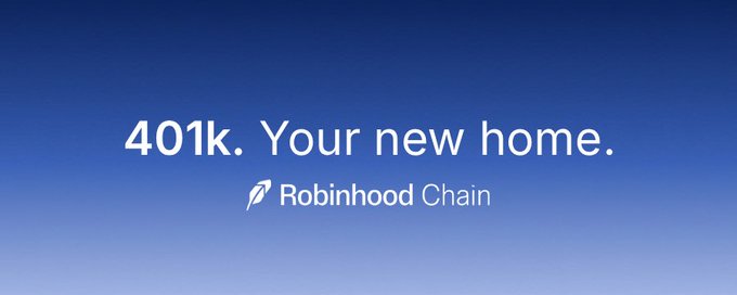 The image displays the text "401k. Your new home." with the "Robinhood Chain" logo beneath it, set against a blue gradient background. This visually reinforces the post's promotion of the $401K token as a retirement-style investment vehicle on Robinhood Chain, highlighting its fee-driven buyback vault of major assets like AAPL, NVDA, and TSLA as a sustainable alternative to traditional reflection tokens.