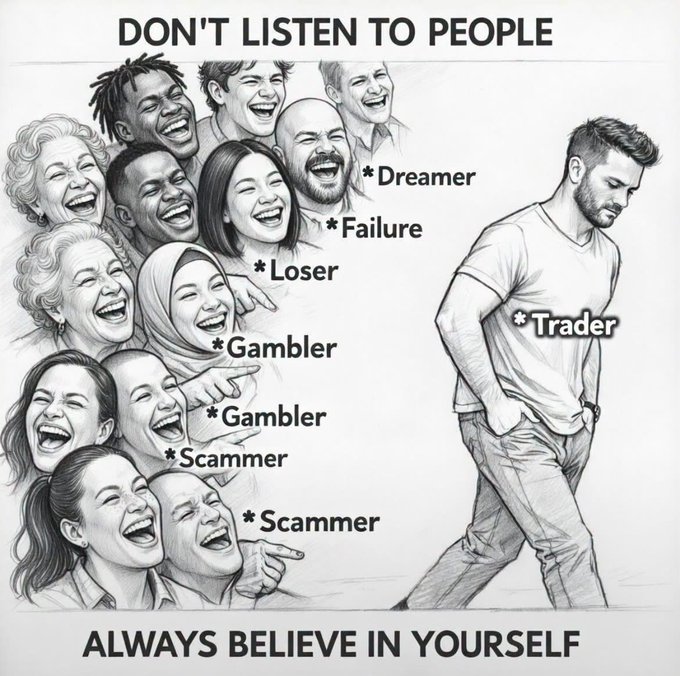 A motivational illustration shows a lone man walking away from a laughing crowd, with text reading "DON'T LISTEN TO PEOPLE" at the top and "ALWAYS BELIEVE IN YOURSELF" at the bottom, while labels like "*Dreamer," "*Failure," "*Loser," "*Gambler," "*Scammer," and "*Trader" tag the jeering faces—reinforcing the post's message to "ignore the noise" and disregard negative judgments from others.