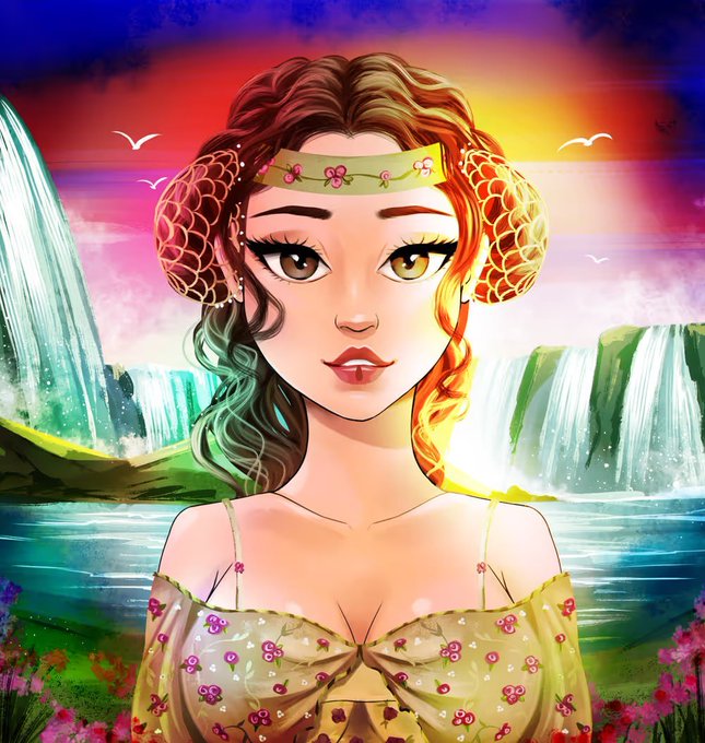 A vibrant digital illustration shows a woman with elaborate braided hair and a floral headband, wearing a yellow floral dress against a backdrop of waterfalls and a colorful sunset.