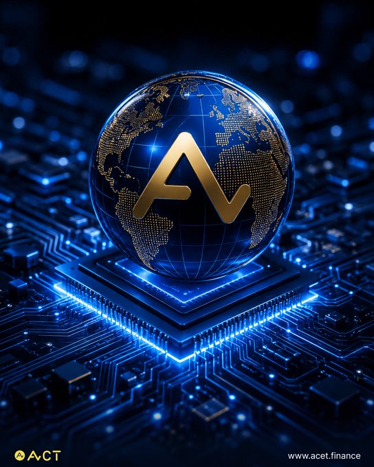 A digital 3D illustration of a globe with a golden 'AV' logo rests on a glowing blue circuit board, with 'AvCT' branding and 'www.acet.finance' visible at the bottom.