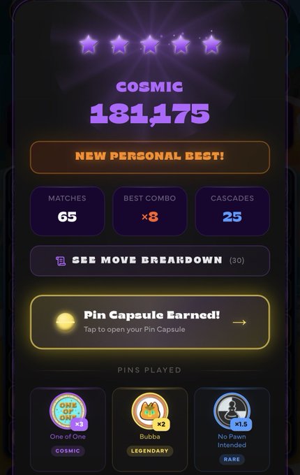 A mobile game results screen displays "COSMIC" with a score of 181,175, marking a "NEW PERSONAL BEST!" across 65 matches with a best combo of x8.