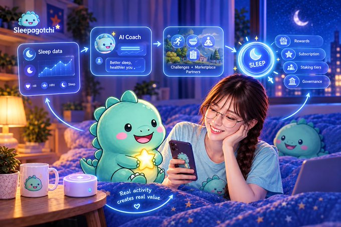 A digital illustration for 'Sleepagotchi' shows a smiling woman using a phone next to a green dinosaur character, with floating UI panels for AI Coach, Challenges, Marketplace, and Rewards.