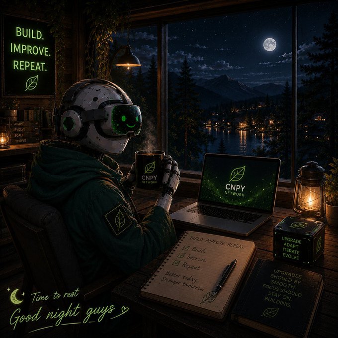 A 'Good night guys' illustration of a robot wearing headphones and a green hoodie with a CNPY Network logo patch, holding a steaming mug while working on a laptop in a cozy cabin overlooking a moonlit lake and forest.