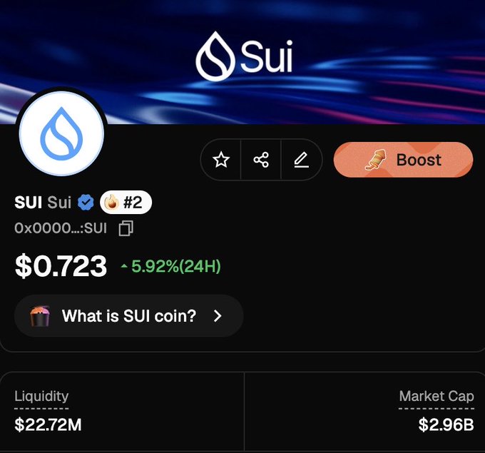 A cryptocurrency price tracking screen for SUI (Sui), showing the token verified with a blue checkmark, ranked #2, with a current price of $0.723, a 24-hour increase of 5.92%, $22.72M in liquidity, and a $2.96B market cap.