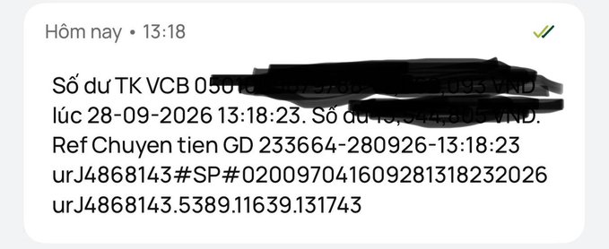 A Vietnamese banking notification from VCB (Vietcombank) dated 13:18 on 28-09-2026, with the account details and balance partially blacked out, showing a money transfer reference number.