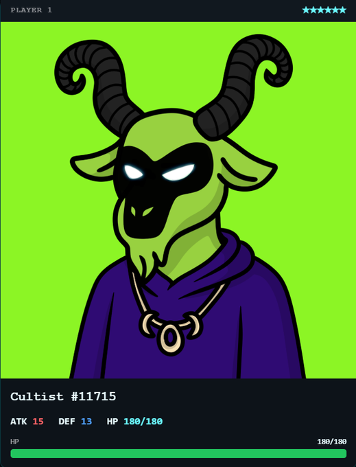 A character card titled 'Cultist #11715' shows a green goat-headed figure in a purple robe with stats ATK 15, DEF 13, HP 180/180, labeled PLAYER 1.