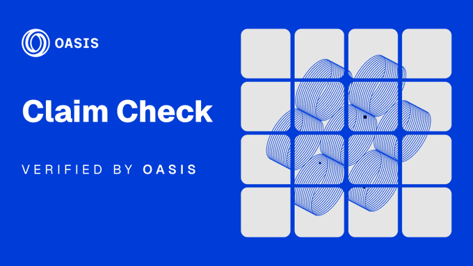 A blue and white promotional banner for 'OASIS' featuring the text 'Claim Check' and 'VERIFIED BY OASIS' alongside a graphic of stacked coins breaking through a grid pattern.