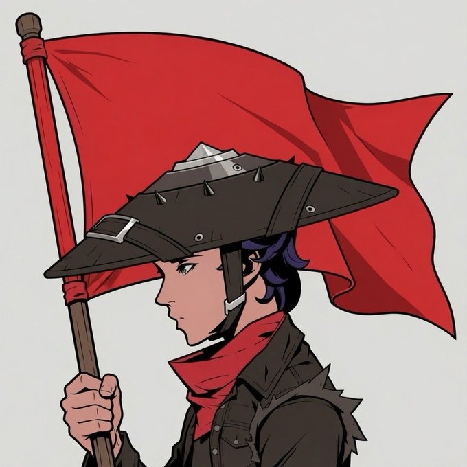 An anime-style character with dark hair, wearing a spiked black wide-brimmed hat and red scarf, holds a red flag in profile view against a plain white background. The image visually represents the "red flags" concept from the post about warning signs NFT collectors should watch out for in projects.