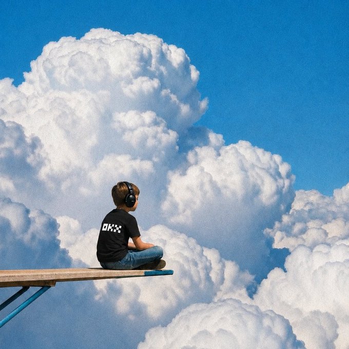 A young person wearing headphones and a black "OHX" t-shirt sits cross-legged on the edge of a diving board above a vast sea of fluffy white clouds under a bright blue sky.