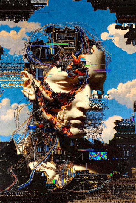 A surreal digital collage featuring a classical marble bust-like figure with exposed fiery musculature and tangled wires, set against a sky with clouds and overlaid with glitch art and pixelated distortion.
