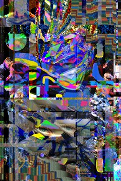 A chaotic, colorful abstract digital artwork featuring vibrant rainbow patterns, geometric shapes, and distorted textures.