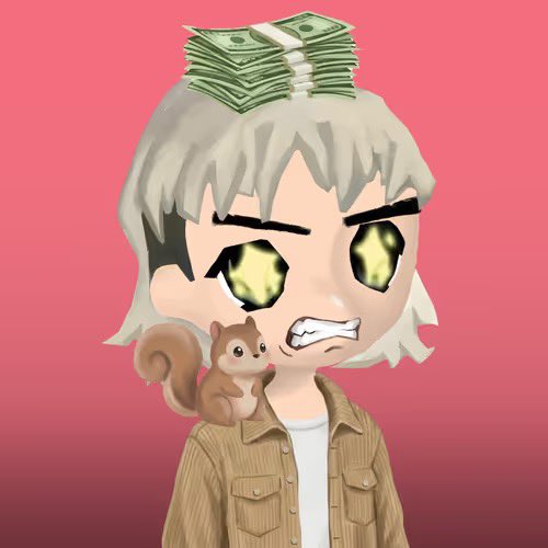 An anime-style character with white hair, golden eyes, and a tan jacket, with stacks of dollar bills on their head and a squirrel perched on their shoulder against a pink background.