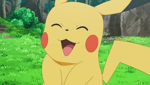 Pikachu beams with a wide, joyful smile in a sunny forest clearing, radiating cheerful energy. Its enthusiastic expression perfectly matches the upbeat "GM" (good morning) greeting, embodying the sunny and friendly spirit of the post.