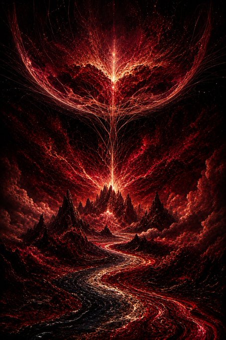 A dramatic digital artwork depicting a dark, fiery landscape with mountains, a winding river of lava, and an intense glowing light emanating from above under a massive crescent shape.