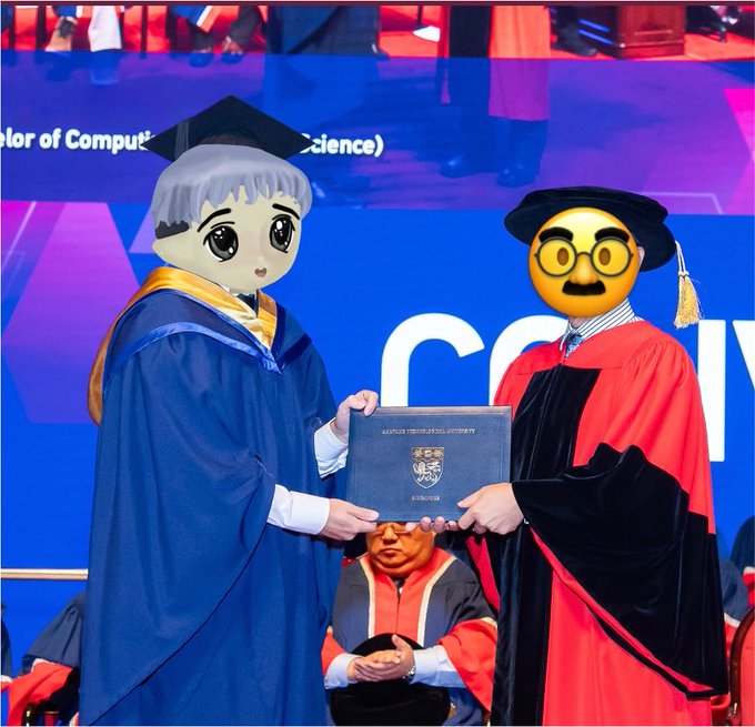 A graduate receives their diploma at a university ceremony, with a banner partially visible reading "lor of Comput[er] Science." The celebratory yet humorous image—featuring emoji-faced graduates in academic regalia—captures the bittersweet feeling of finishing college, fitting the poster's sentiment about how quickly four years went by.