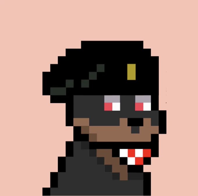 A pixel art illustration of a dark-skinned character with black hair, red eyes, and visible teeth against a light peach background.