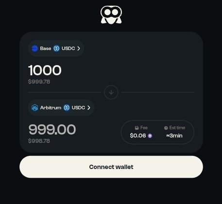 A screenshot of a crypto wallet interface showing a USDC swap from Base to Arbitrum, with 1000 swapping to 999.00, a fee of $0.06, and a 'Connect wallet' button.