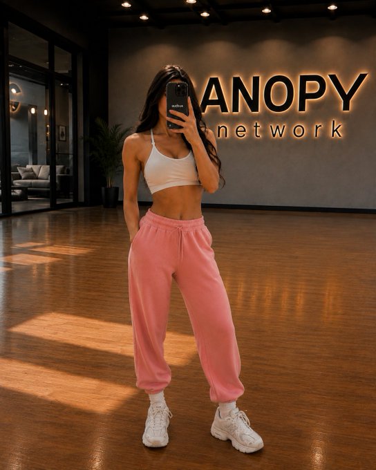 A woman in a white crop top and pink sweatpants takes a mirror selfie with her phone in a gym space with a partially visible "CANOPY network" sign in the background.