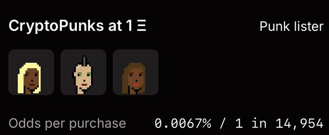 A dark-themed screen displays 'CryptoPunks at 1Ξ' with three pixelated female punk avatars and text reading 'Odds per purchase 0.0067% / 1 in 14,954'.