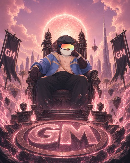 Digital art of a cartoon penguin wearing reflective goggles and a blue jacket, sitting on a throne with pink "GM" banners on either side, set against a futuristic city and glowing pink celestial backdrop.