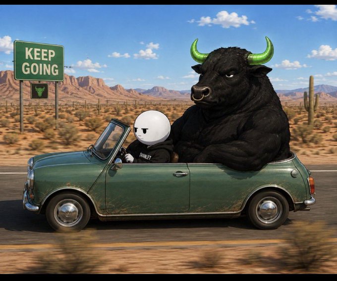 A surreal AI-generated image showing a white round character and a large muscular black bull with green horns riding in a green convertible car past a 'KEEP GOING' sign in a desert landscape.