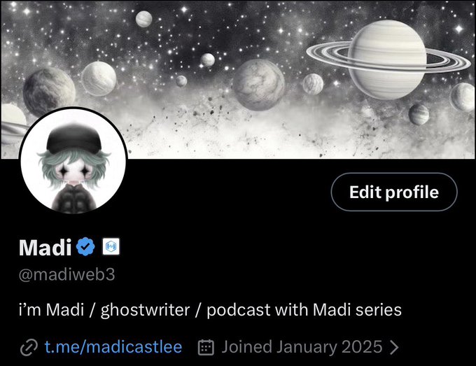 A Twitter profile for "Madi (@madiweb3)" featuring a gothic anime-style avatar and a cosmic, grayscale banner depicting planets and stars. The bio reads "i'm Madi / ghostwriter / podcast with Madi series" with a Telegram link to t.me/madicastlee, perfectly embodying the post's caption of "a ct account and a dream" through its mysterious, space-themed aesthetic.