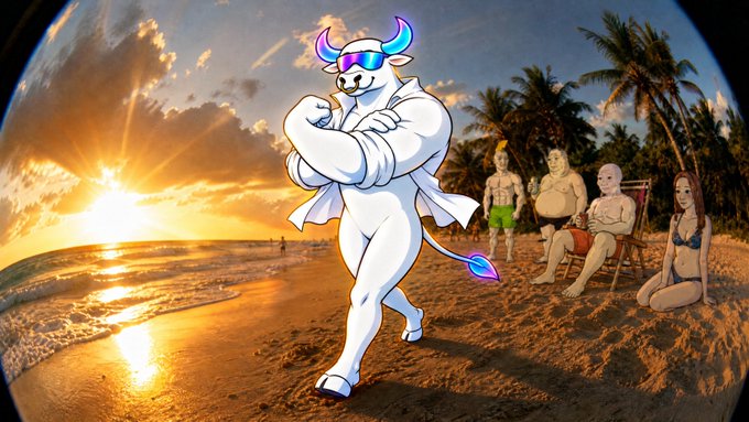 Cartoon illustration of a muscular anthropomorphic bull with rainbow sunglasses and a horn necklace running on a beach, with other cartoon characters relaxing in the background.