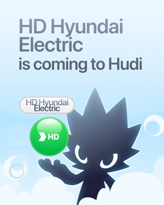 An advertisement featuring a blue spiky character with text reading 'HD Hyundai Electric is coming to Hudi' alongside the HD Hyundai Electric logo.