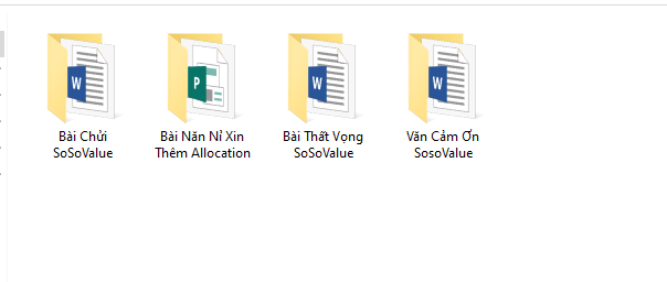 The image shows a computer screen with four different files displayed, each containing text written in a foreign language. The first file has "Bác nýn xây" written on it, while the other three files have similar names but different descriptions of their contents. The content of these files appears to be related to accounting or financial matters, as indicated by the presence of words like "SoSoValue", "SoSoCrypto", and "Bác nýn xây".