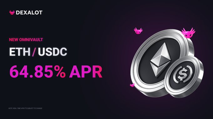Dexalot promotional graphic for a new OmniVault offering ETH/USDC with 64.85% APR, featuring 3D rendered Ethereum and USDC coins.