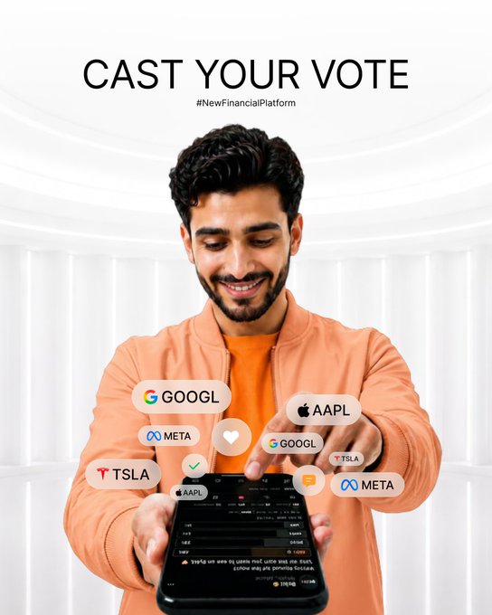 A promotional image reading 'CAST YOUR VOTE #NewFinancialPlatform' showing a smiling man in an orange jacket holding a phone displaying a stock chart, surrounded by floating tags for stocks like GOOGL, AAPL, META, and TSLA.