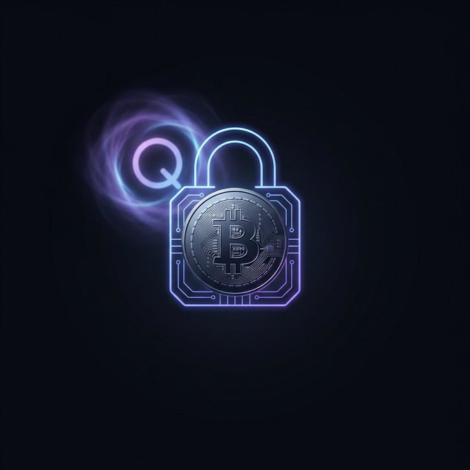 A neon-style digital illustration showing a Bitcoin coin encased within a glowing padlock design, with a purple "Q" and cosmic swirls on a black background.