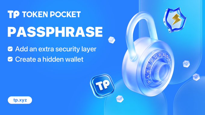 A promotional banner for Token Pocket's 'PASSPHRASE' feature, highlighting options to 'Add an extra security layer' and 'Create a hidden wallet' with a 3D padlock graphic.