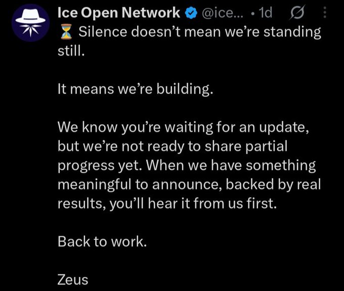 A tweet from the verified Ice Open Network account (@ice...), signed by "Zeus," reads: "Silence doesn't mean we're standing still. It means we're building. We know you're waiting for an update, but we're not ready to share partial progress yet. When we have something meaningful to announce, backed by real results, you'll hear it from us first. Back to work." The image directly contradicts the post's claim by showing the Ice Network founder making vague promises about progress without offering any concrete updates or timelines for projects like Suwaves, SealSend, and Sources.