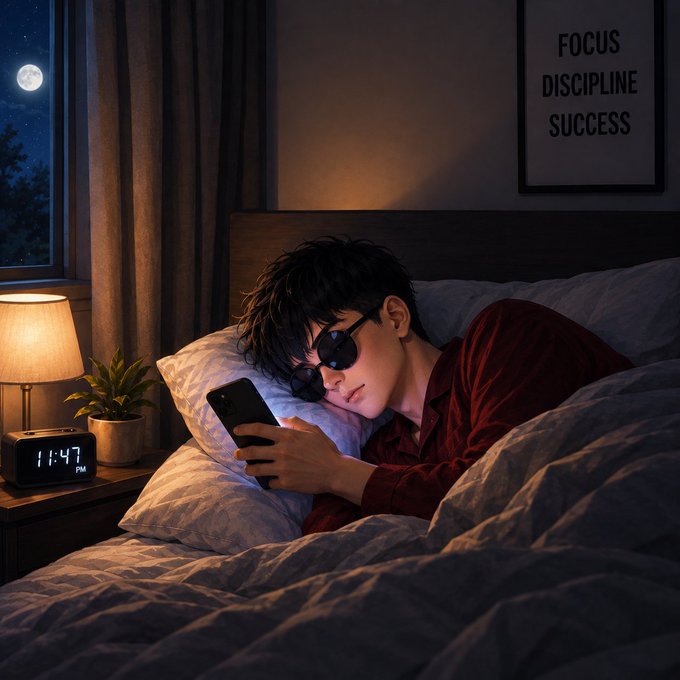 An anime-style illustration of a young man with sunglasses lying in bed looking at his phone at night, with a clock showing 11:47 PM and a poster reading 'FOCUS DISCIPLINE SUCCESS' on the wall.