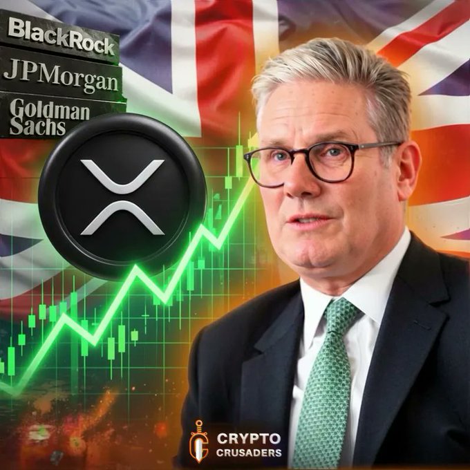 A composite image features UK Prime Minister Keir Starmer alongside the XRP logo, BlackRock, JPMorgan, and Goldman Sachs branding, a Union Jack flag, and a rising green chart, promoting news of Ripple joining the UK's 54-firm tokenization taskforce.