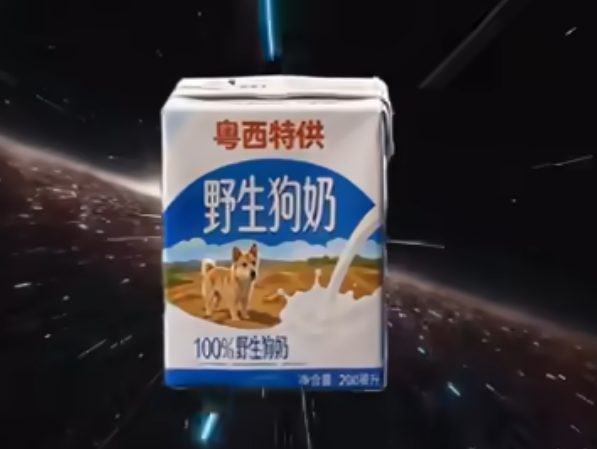 A meme image showing a carton of Chinese "野生狗奶" (Wild Dog Milk) from 粤西特供 with a Shiba Inu on the label, marketed humorously as having "100% 野生狗奶" and no expiration date—used online to hype the associated dog-themed meme token.

Key visible text: "粤西特供," "野生狗奶," "100% 野生狗奶," "净含量: 206毫升."