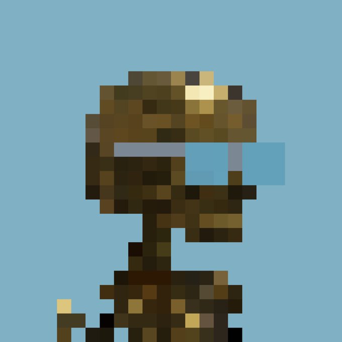 A low-resolution pixel art character in brown tones against a light blue background, similar to image 5 but with a different blue background.