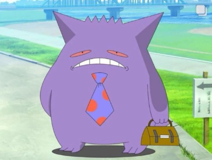 An animated illustration of a large purple, cat-like character wearing a blue and red polka dot tie, holding a brown briefcase while standing on a path with a bridge in the background.
